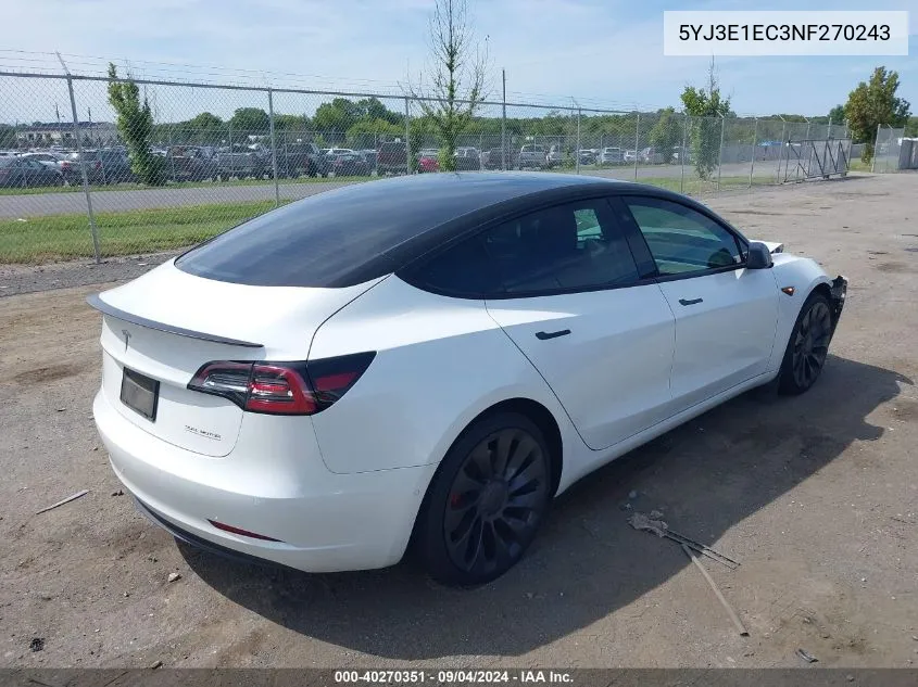 2022 Tesla Model 3 Performance Dual Motor All-Wheel Drive VIN: 5YJ3E1EC3NF270243 Lot: 40270351