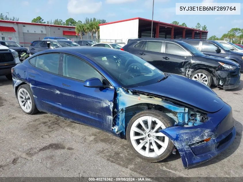 2022 Tesla Model 3 VIN: 5YJ3E1EB6NF289764 Lot: 40276362