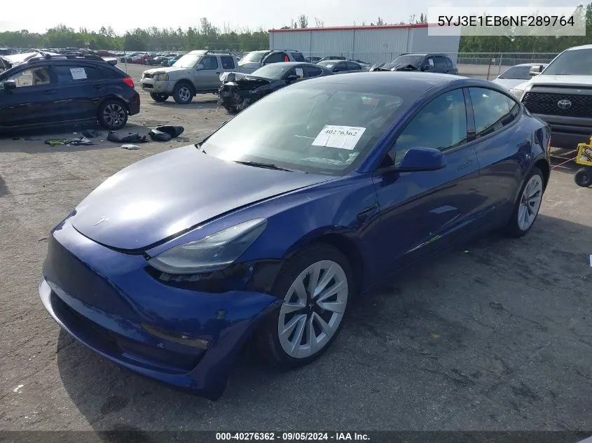 2022 Tesla Model 3 VIN: 5YJ3E1EB6NF289764 Lot: 40276362