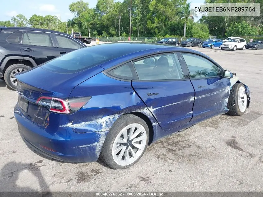 2022 Tesla Model 3 VIN: 5YJ3E1EB6NF289764 Lot: 40276362