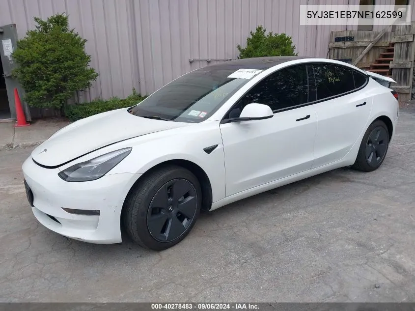 2022 Tesla Model 3 VIN: 5YJ3E1EB7NF162599 Lot: 40278483