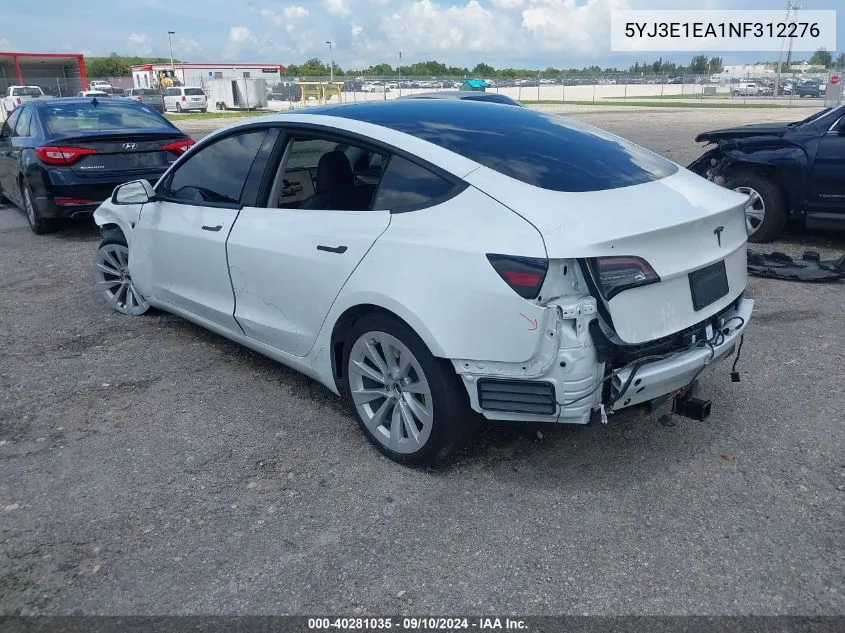 2022 Tesla Model 3 VIN: 5YJ3E1EA1NF312276 Lot: 40281035