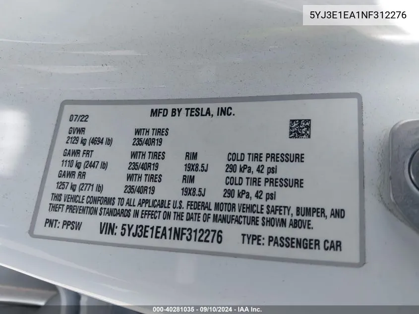 2022 Tesla Model 3 VIN: 5YJ3E1EA1NF312276 Lot: 40281035