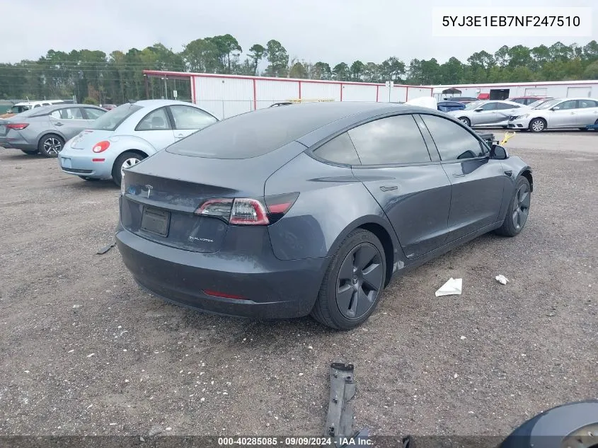 2022 Tesla Model 3 Long Range Dual Motor All-Wheel Drive VIN: 5YJ3E1EB7NF247510 Lot: 40285085