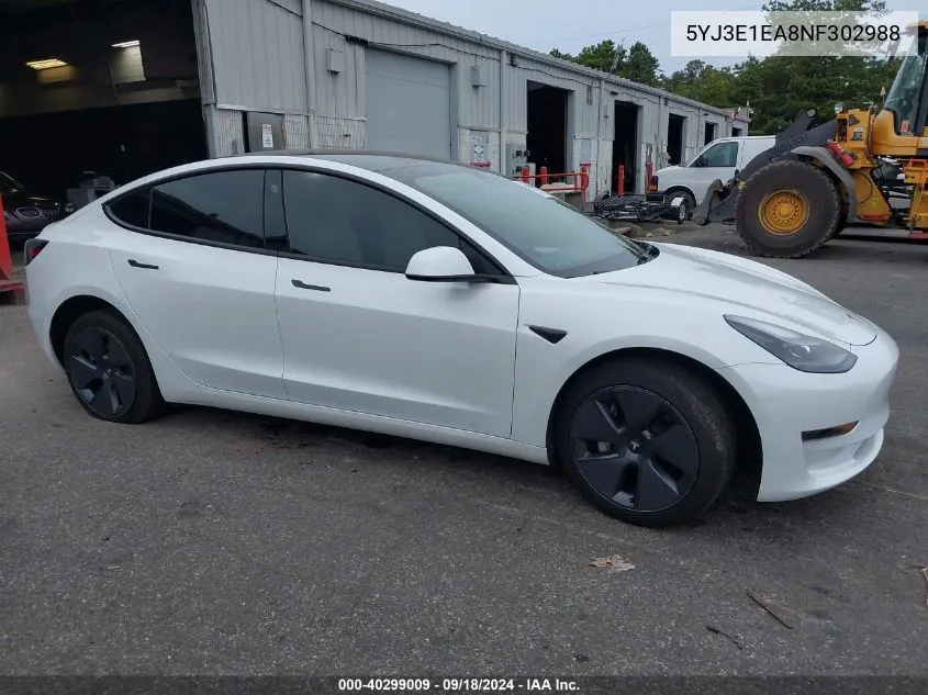 2022 Tesla Model 3 VIN: 5YJ3E1EA8NF302988 Lot: 40299009