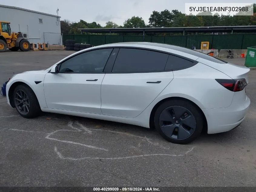 2022 Tesla Model 3 VIN: 5YJ3E1EA8NF302988 Lot: 40299009