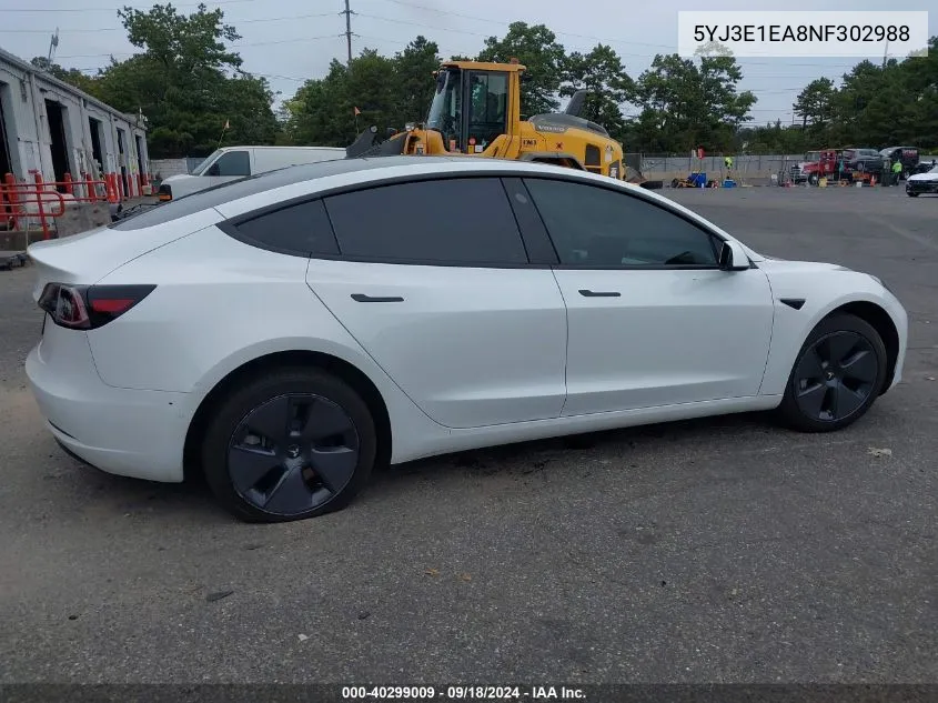 2022 Tesla Model 3 VIN: 5YJ3E1EA8NF302988 Lot: 40299009