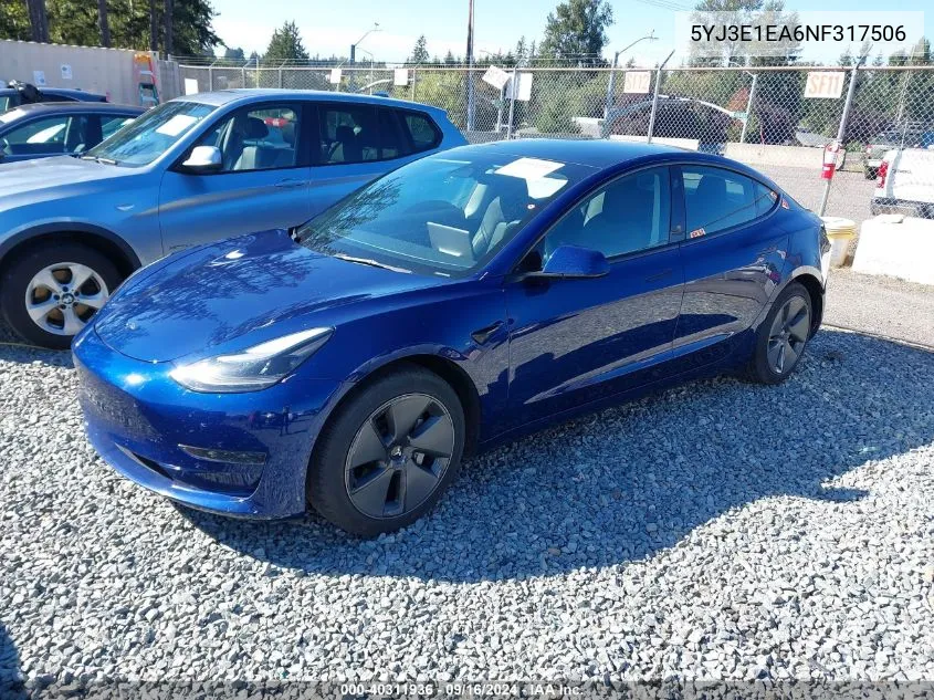 2022 Tesla Model 3 VIN: 5YJ3E1EA6NF317506 Lot: 40311936