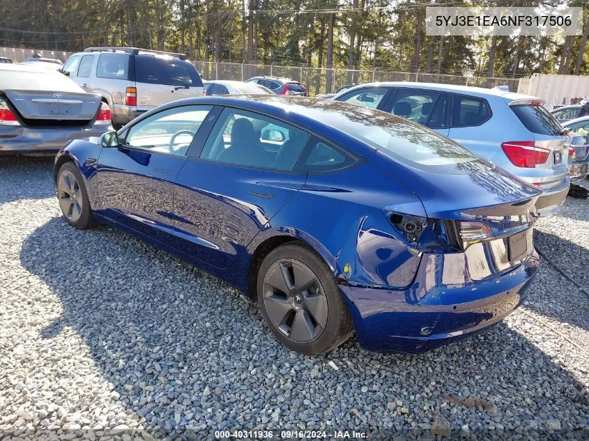 5YJ3E1EA6NF317506 2022 Tesla Model 3