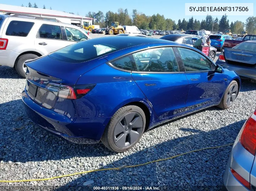 2022 Tesla Model 3 VIN: 5YJ3E1EA6NF317506 Lot: 40311936