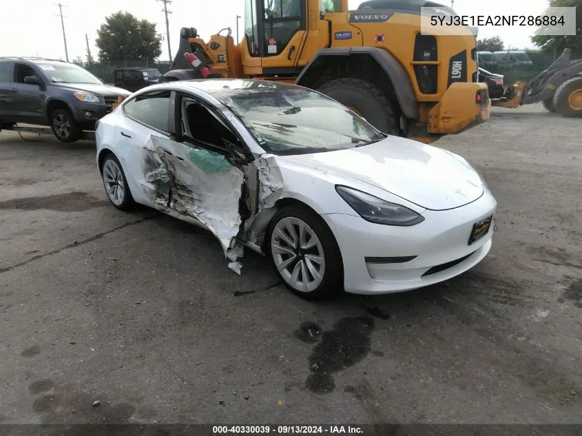 2022 Tesla Model 3 VIN: 5YJ3E1EA2NF286884 Lot: 40330039