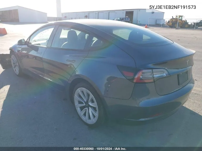 2022 Tesla Model 3 Long Range Dual Motor All-Wheel Drive VIN: 5YJ3E1EB2NF191573 Lot: 40330060