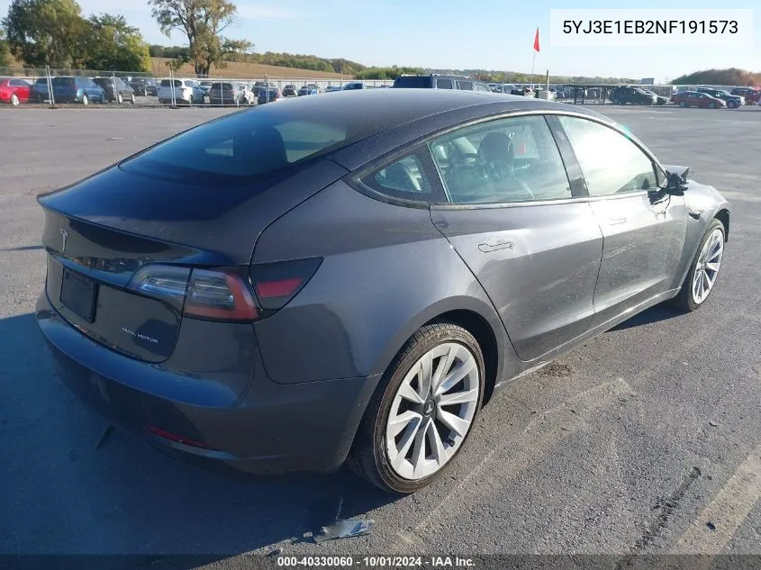 2022 Tesla Model 3 Long Range Dual Motor All-Wheel Drive VIN: 5YJ3E1EB2NF191573 Lot: 40330060