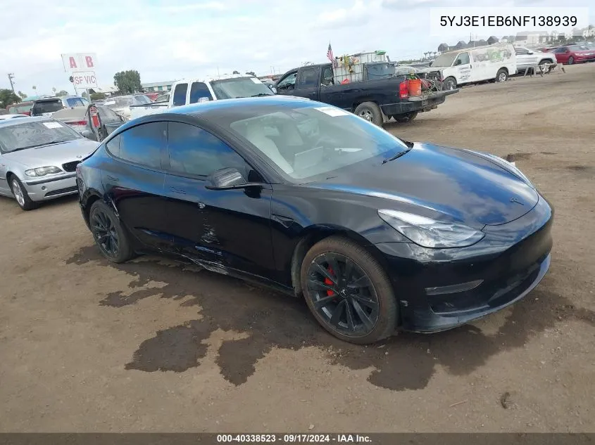 2022 Tesla Model 3 Long Range Dual Motor All-Wheel Drive VIN: 5YJ3E1EB6NF138939 Lot: 40338523