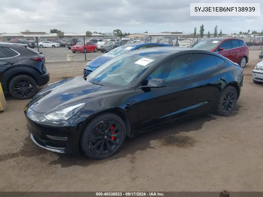 2022 Tesla Model 3 Long Range Dual Motor All-Wheel Drive VIN: 5YJ3E1EB6NF138939 Lot: 40338523