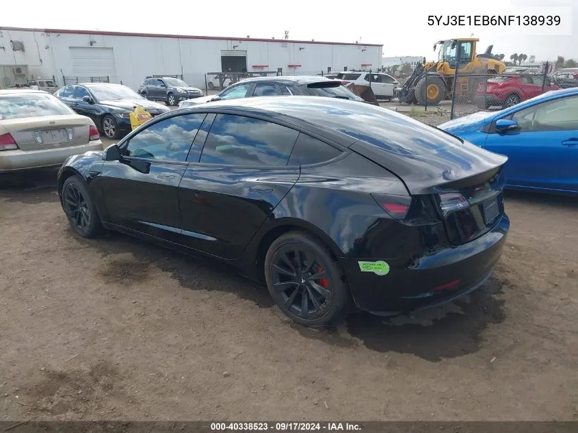 2022 Tesla Model 3 Long Range Dual Motor All-Wheel Drive VIN: 5YJ3E1EB6NF138939 Lot: 40338523