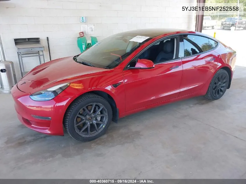 2022 Tesla Model 3 Long Range Dual Motor All-Wheel Drive VIN: 5YJ3E1EB5NF252558 Lot: 40360715