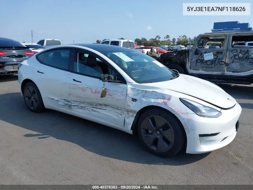 2022 Tesla Model 3 VIN: 5YJ3E1EA7NF118626 Lot: 40378383