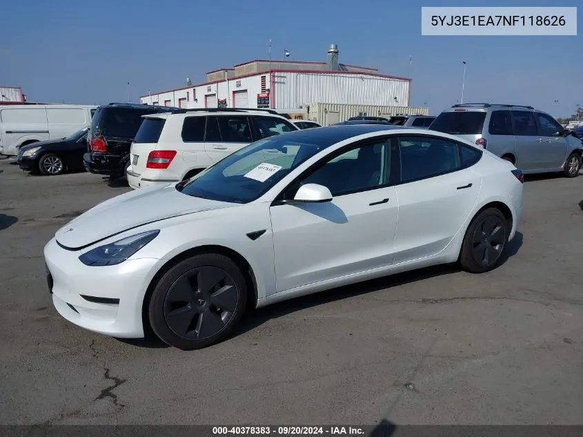 2022 Tesla Model 3 VIN: 5YJ3E1EA7NF118626 Lot: 40378383