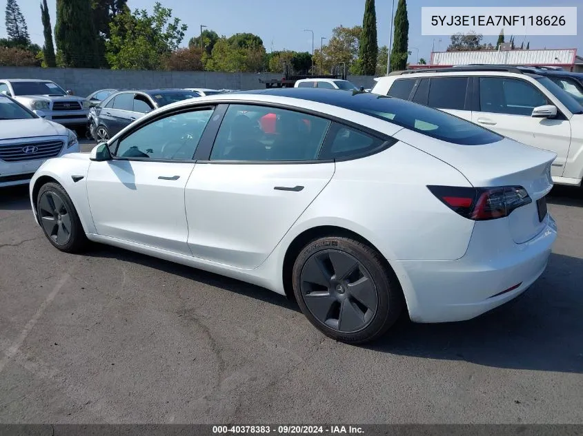 2022 Tesla Model 3 VIN: 5YJ3E1EA7NF118626 Lot: 40378383