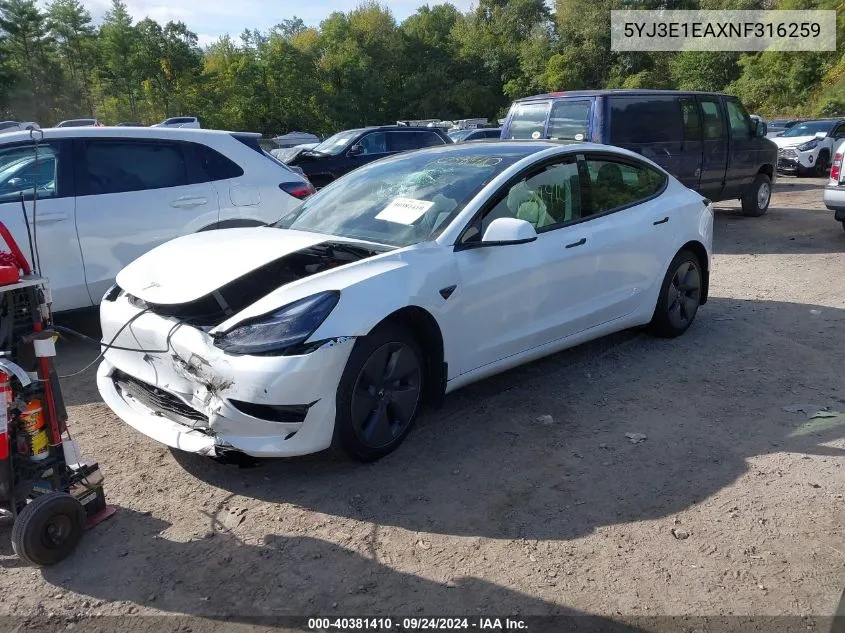 2022 Tesla Model 3 VIN: 5YJ3E1EAXNF316259 Lot: 40381410