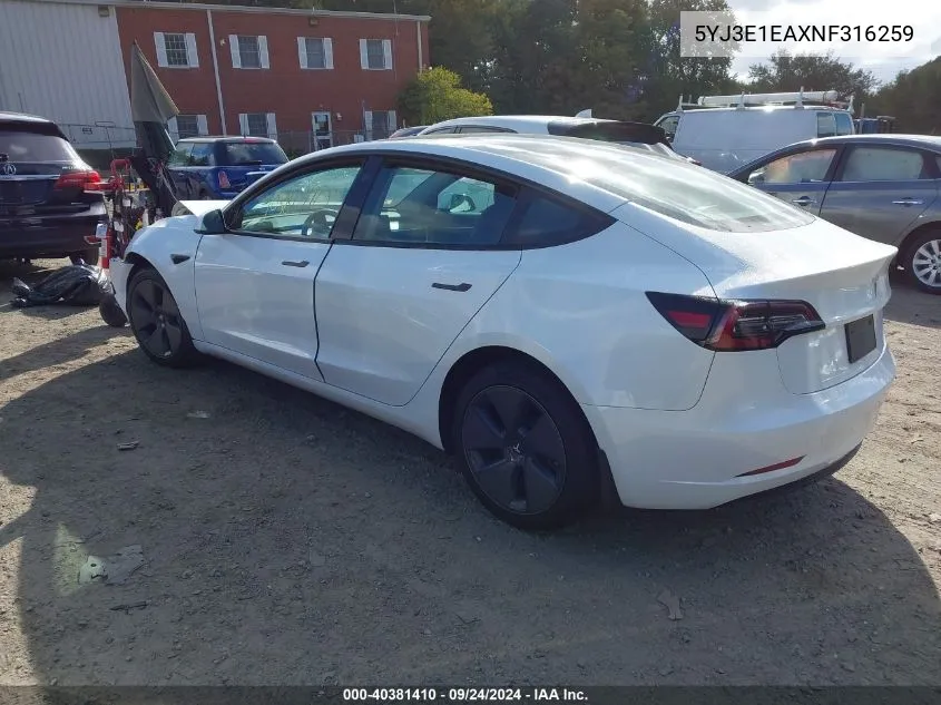 2022 Tesla Model 3 VIN: 5YJ3E1EAXNF316259 Lot: 40381410