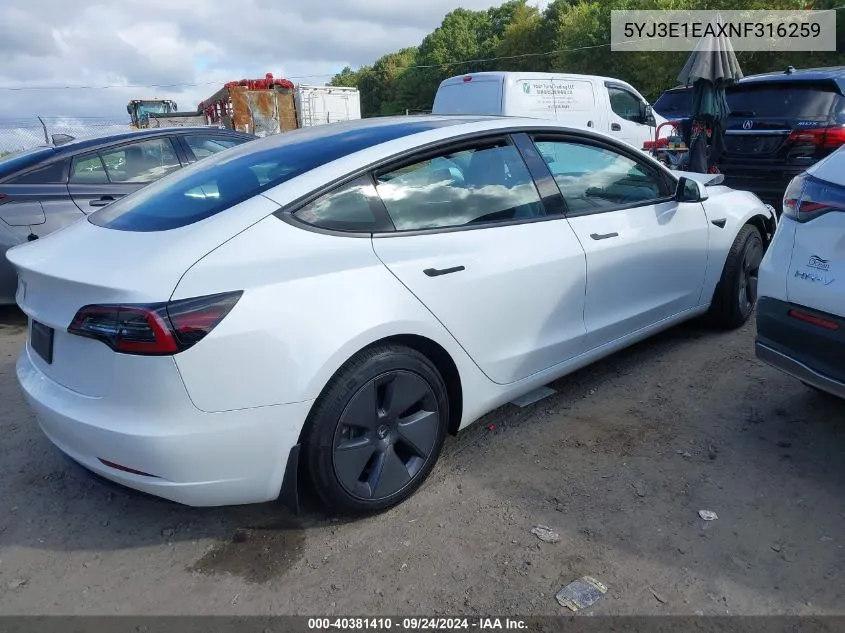 2022 Tesla Model 3 VIN: 5YJ3E1EAXNF316259 Lot: 40381410