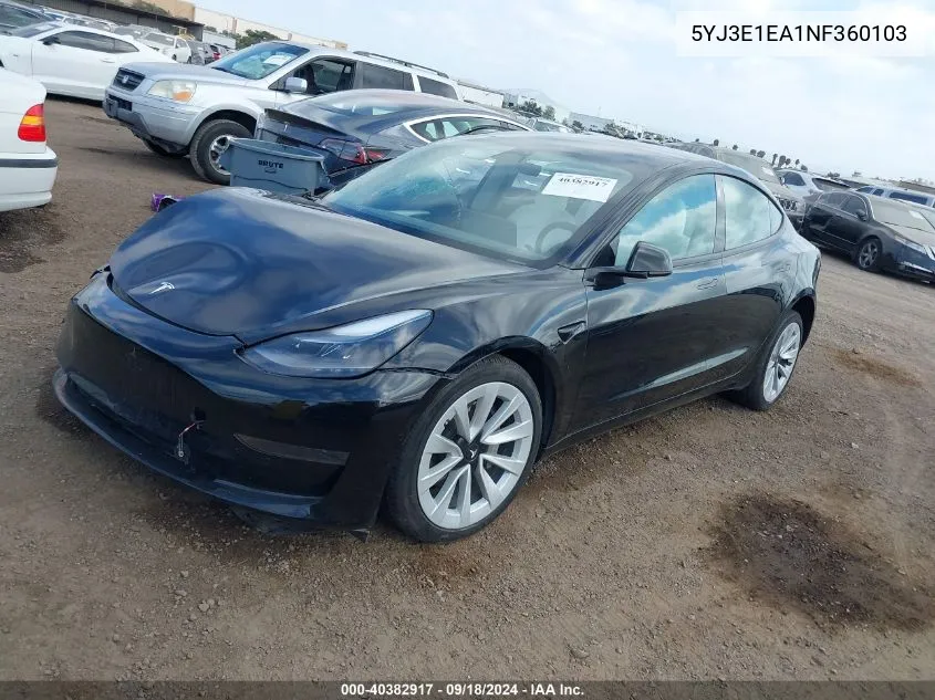 2022 Tesla Model 3 VIN: 5YJ3E1EA1NF360103 Lot: 40382917