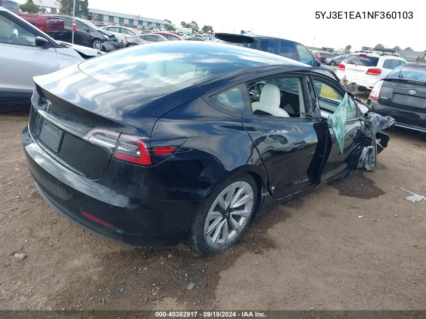 2022 Tesla Model 3 VIN: 5YJ3E1EA1NF360103 Lot: 40382917