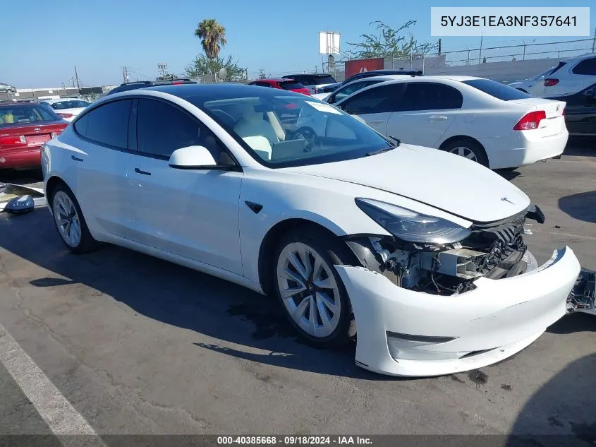 5YJ3E1EA3NF357641 2022 Tesla Model 3