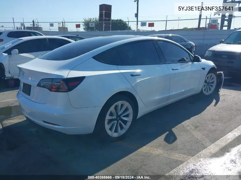 2022 Tesla Model 3 VIN: 5YJ3E1EA3NF357641 Lot: 40385668