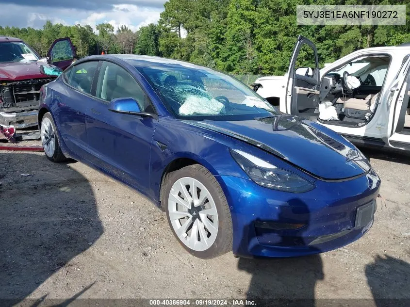 2022 Tesla Model 3 VIN: 5YJ3E1EA6NF190272 Lot: 40386904