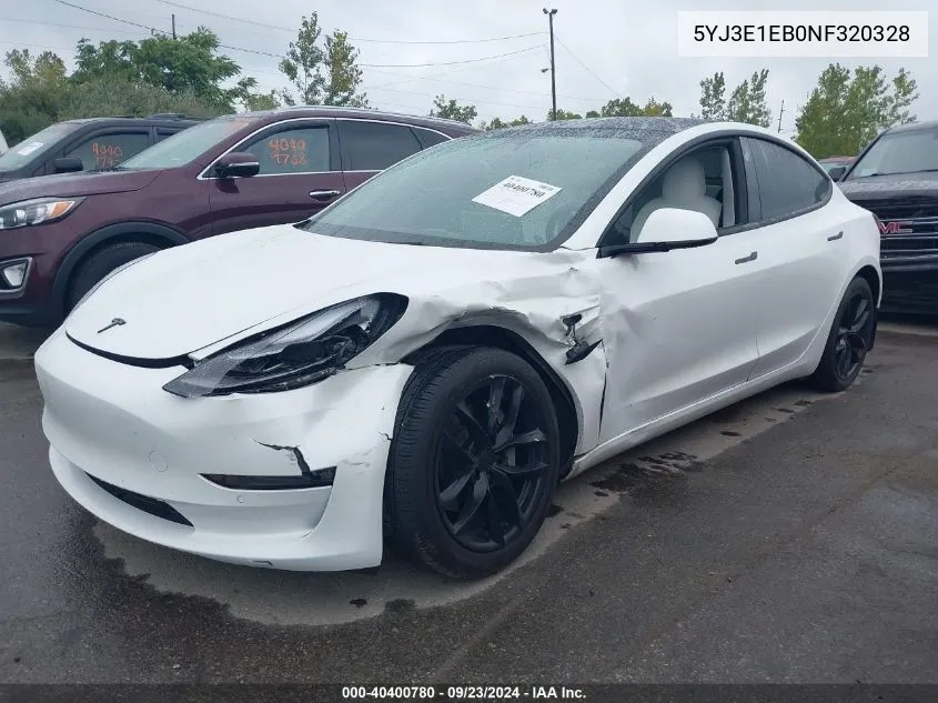 2022 Tesla Model 3 Long Range Dual Motor All-Wheel Drive VIN: 5YJ3E1EB0NF320328 Lot: 40400780