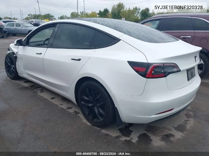 2022 Tesla Model 3 Long Range Dual Motor All-Wheel Drive VIN: 5YJ3E1EB0NF320328 Lot: 40400780