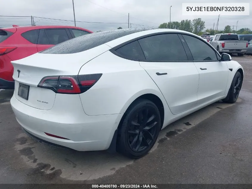 2022 Tesla Model 3 Long Range Dual Motor All-Wheel Drive VIN: 5YJ3E1EB0NF320328 Lot: 40400780