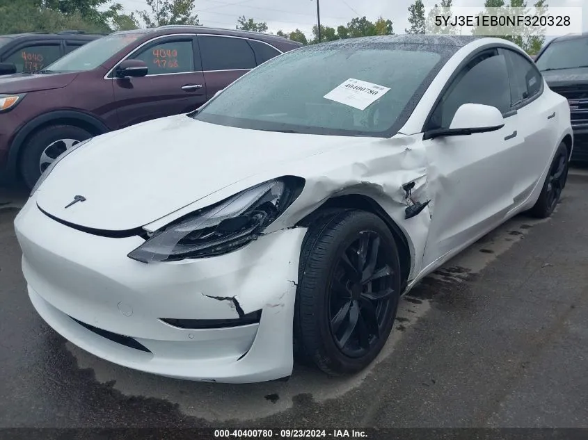 2022 Tesla Model 3 Long Range Dual Motor All-Wheel Drive VIN: 5YJ3E1EB0NF320328 Lot: 40400780