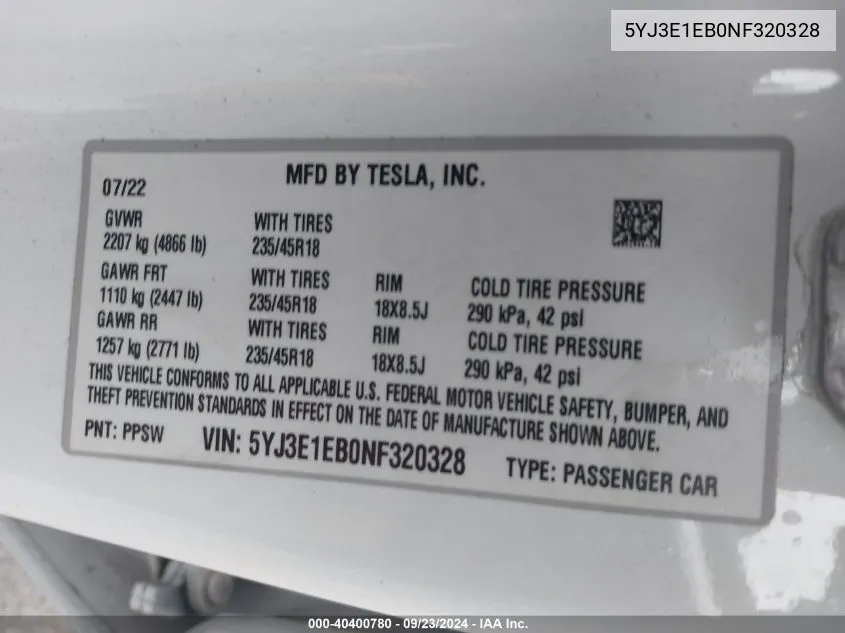 2022 Tesla Model 3 Long Range Dual Motor All-Wheel Drive VIN: 5YJ3E1EB0NF320328 Lot: 40400780