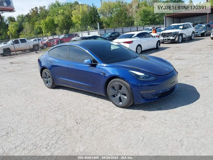 2022 Tesla Model 3 VIN: 5YJ3E1EB1NF170391 Lot: 40401445