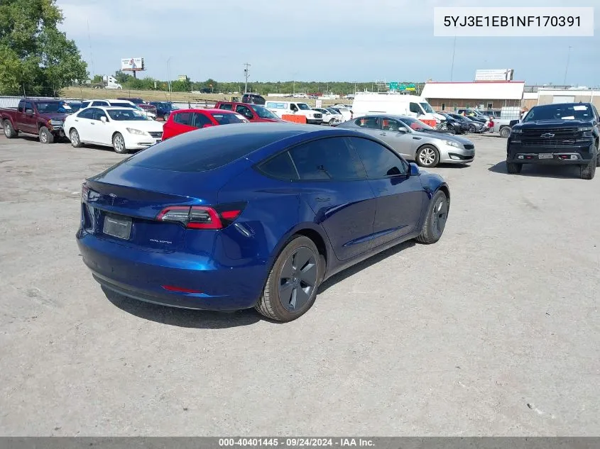 2022 Tesla Model 3 VIN: 5YJ3E1EB1NF170391 Lot: 40401445