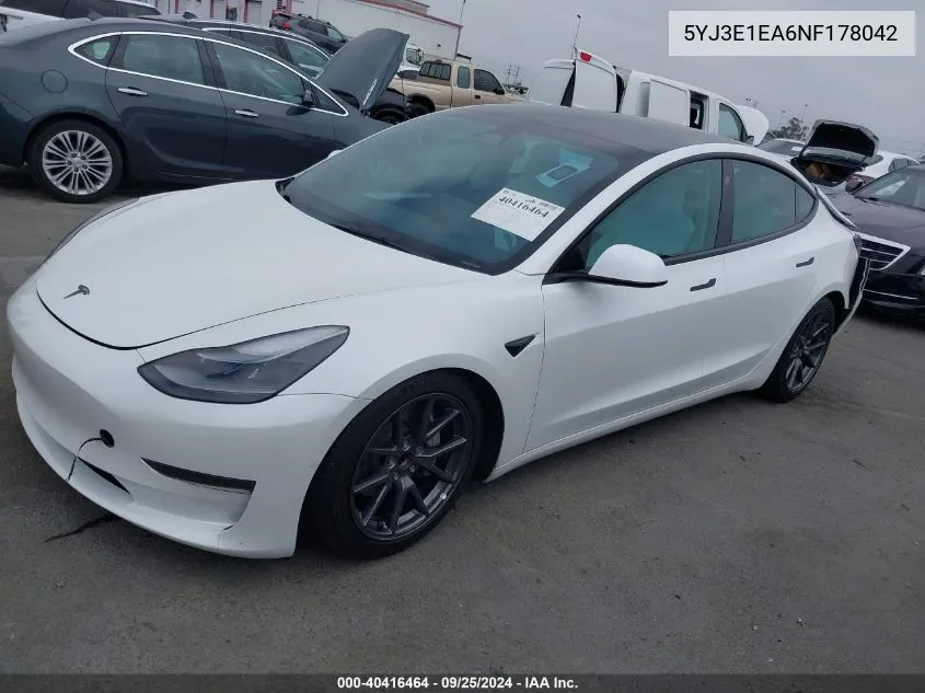 2022 Tesla Model 3 VIN: 5YJ3E1EA6NF178042 Lot: 40416464