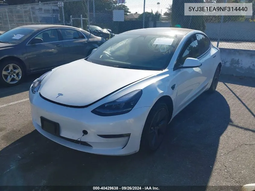 2022 Tesla Model 3 VIN: 5YJ3E1EA9NF314440 Lot: 40429638