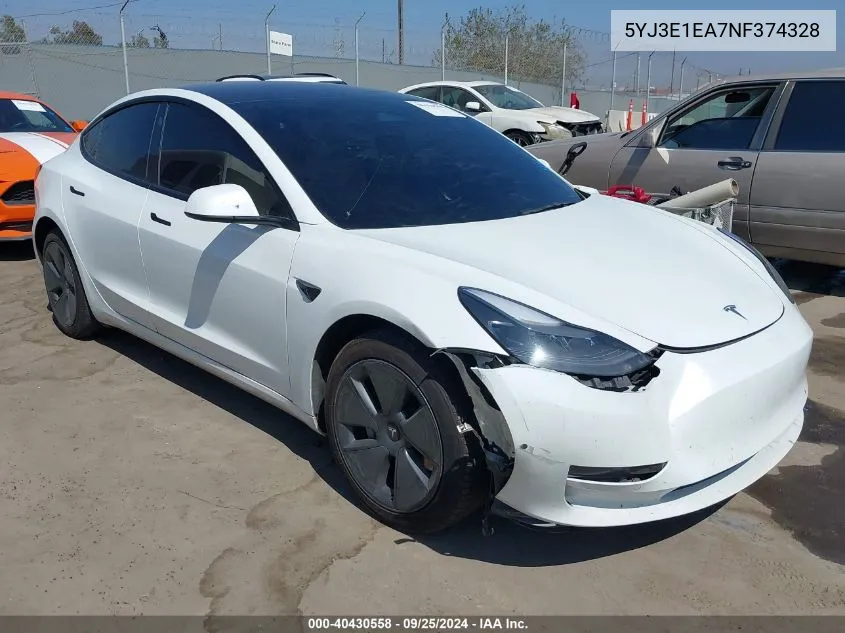 2022 Tesla Model 3 VIN: 5YJ3E1EA7NF374328 Lot: 40430558