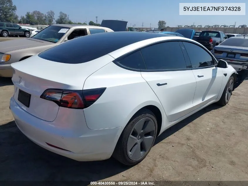 2022 Tesla Model 3 VIN: 5YJ3E1EA7NF374328 Lot: 40430558