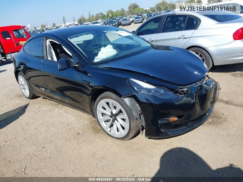 2022 Tesla Model 3 VIN: 5YJ3E1EB4NF191655 Lot: 40430847