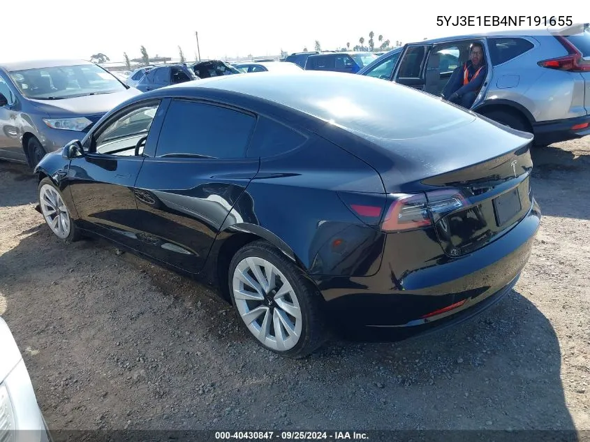 5YJ3E1EB4NF191655 2022 Tesla Model 3