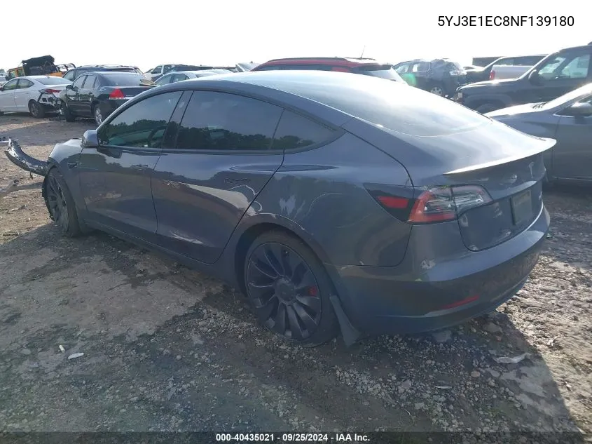 2022 Tesla Model 3 Performance Dual Motor All-Wheel Drive VIN: 5YJ3E1EC8NF139180 Lot: 40435021