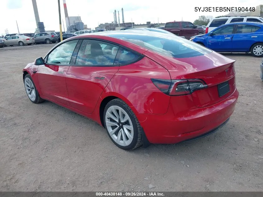 2022 Tesla Model 3 VIN: 5YJ3E1EB5NF190448 Lot: 40438148