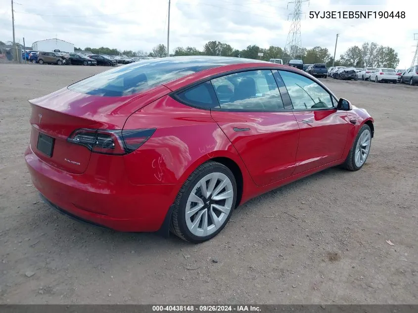 2022 Tesla Model 3 VIN: 5YJ3E1EB5NF190448 Lot: 40438148