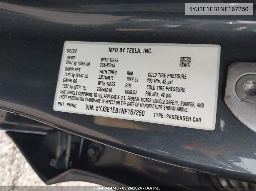 5YJ3E1EB1NF167250 2022 Tesla Model 3