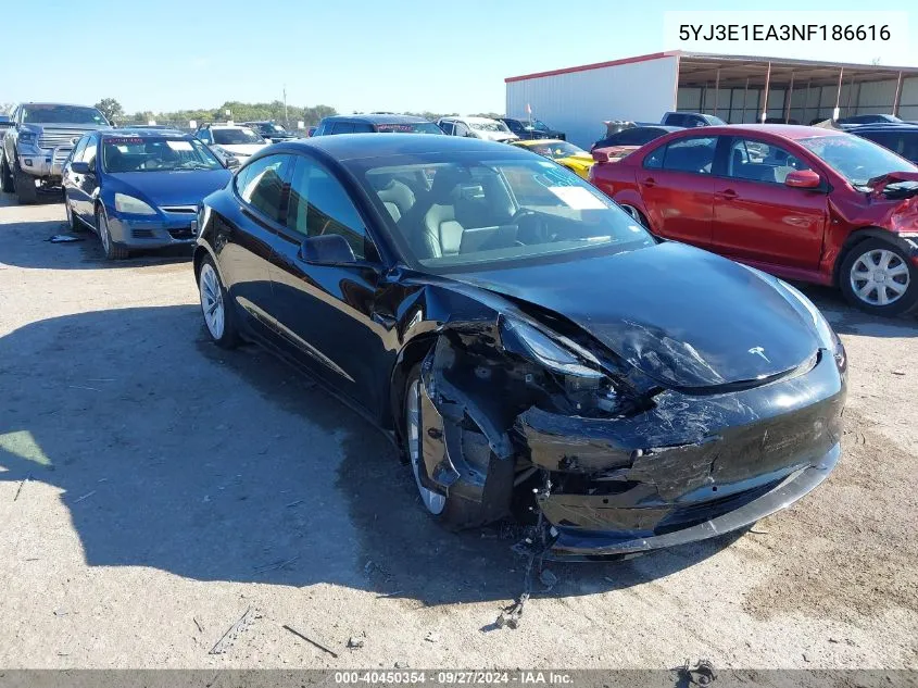 2022 Tesla Model 3 VIN: 5YJ3E1EA3NF186616 Lot: 40450354